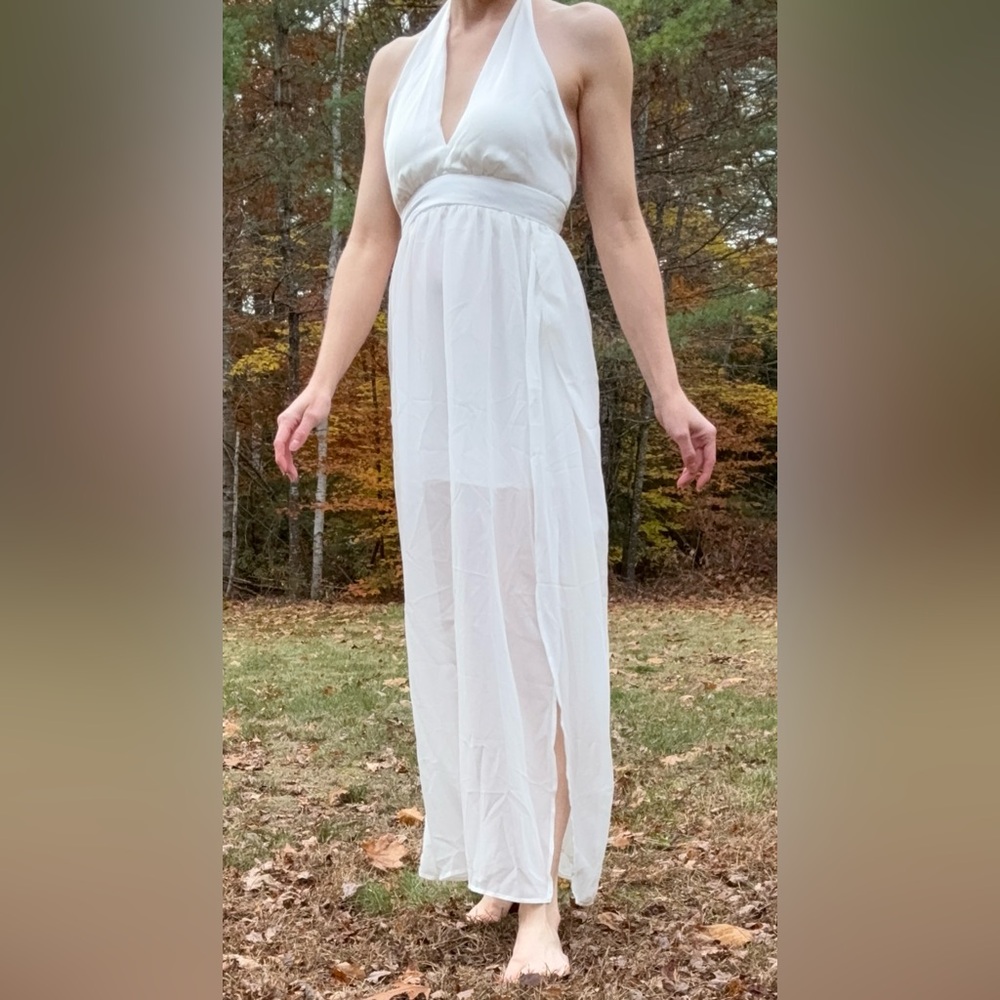 Elegant Maxi Dress, Deep V Neck Halter, Backless, White